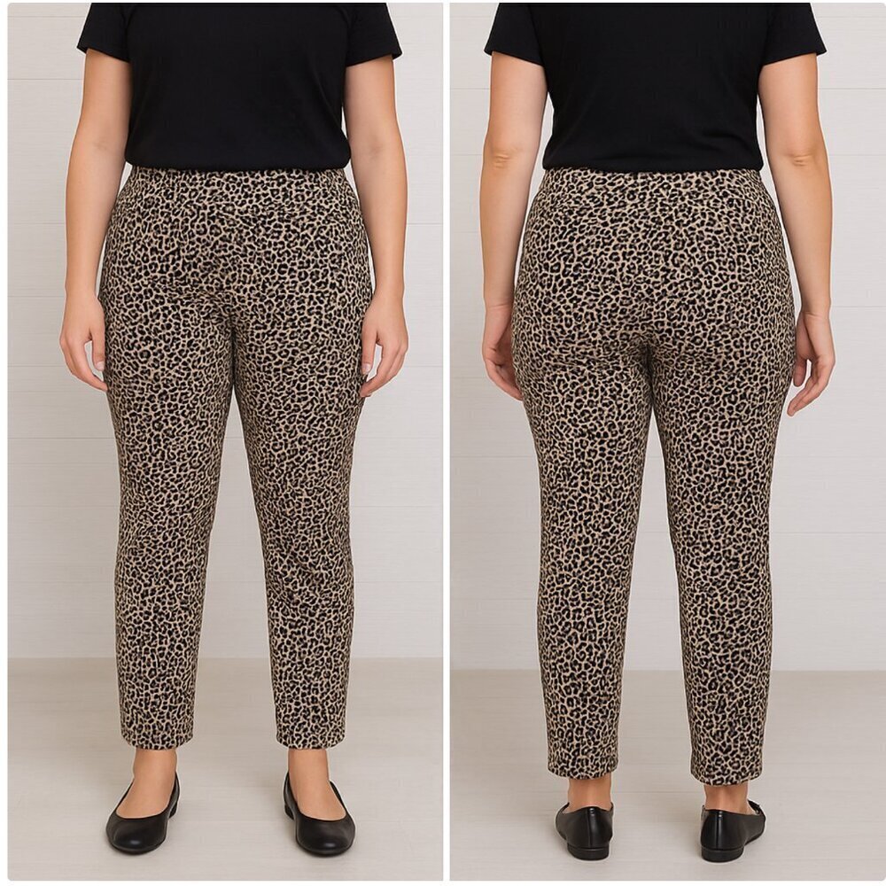 Chico's Women's Black Brown Animal Print High Rise Pull On Ankle Length Pants